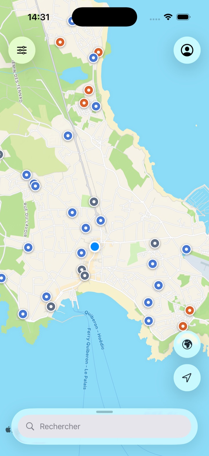 Carte de l'app le Campeur autour de Quiberon avec ses pins